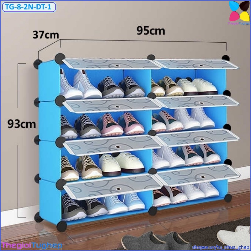 Tủ giầy nhựa lắp ghép 8 ô, 2 cột 4 tầng, có cửa, để được 16 đôi giày (màu: Đen vân, Vàng trơn, Xanh dương, Hồng phấn)