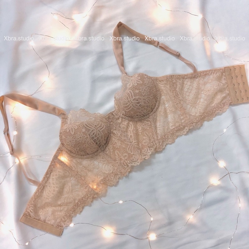 Áo corset quai lụa ren mềm màu nude