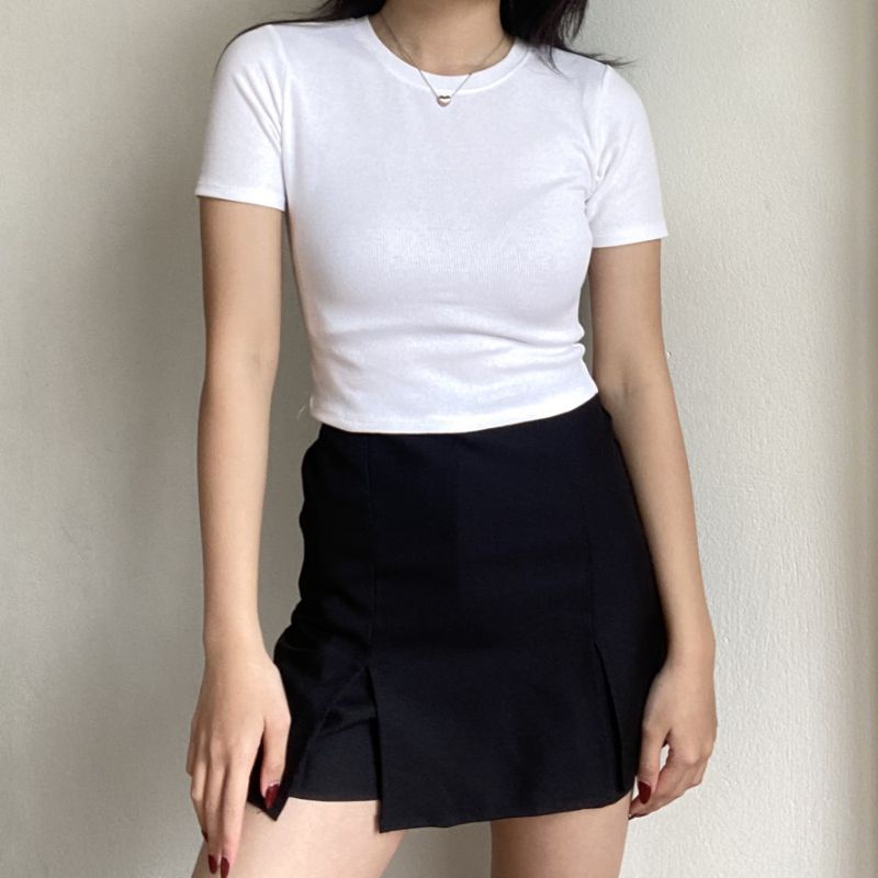[SET 2 MÓN] Set áo len tăm màu trắng cổ tròn + quần giả chân váy chữ A xẻ tà thời trang ulzzang mùa hè đi chơi basic