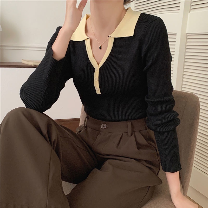 Áo Thun Dệt Kim Cổ POLO Tay Dài Màu Sắc Tương Phản Thời Trang Dành Cho Nữ
