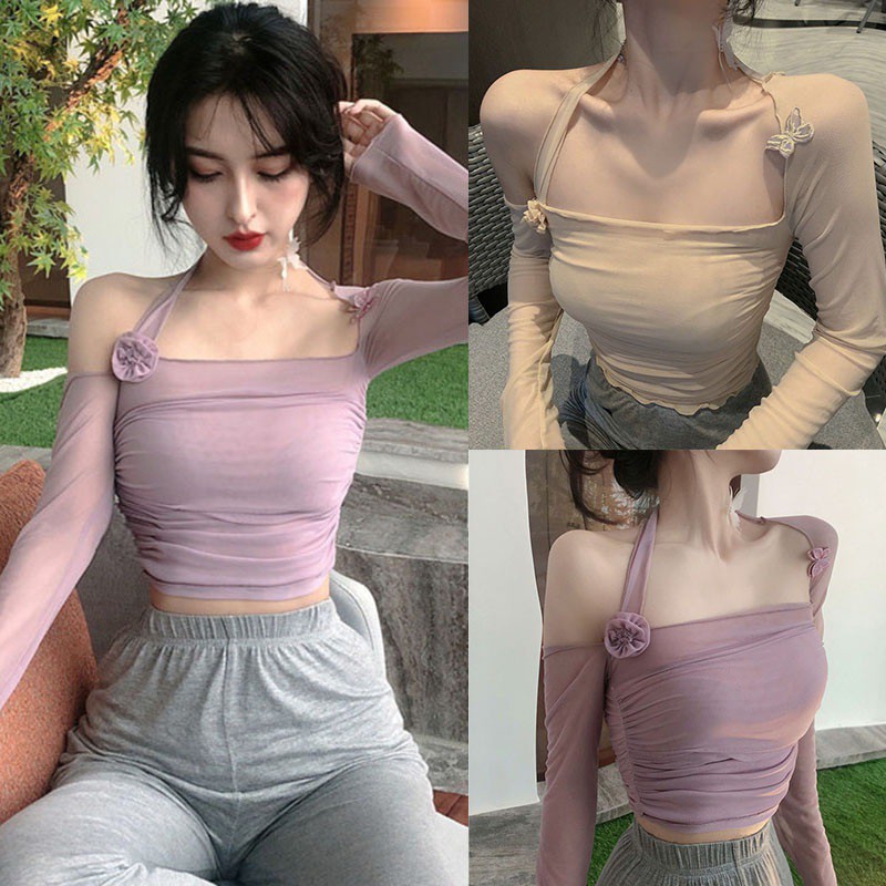 Women Long-sleeved Slim-fit One-shoulder Square-neck Short Mesh T-shirt