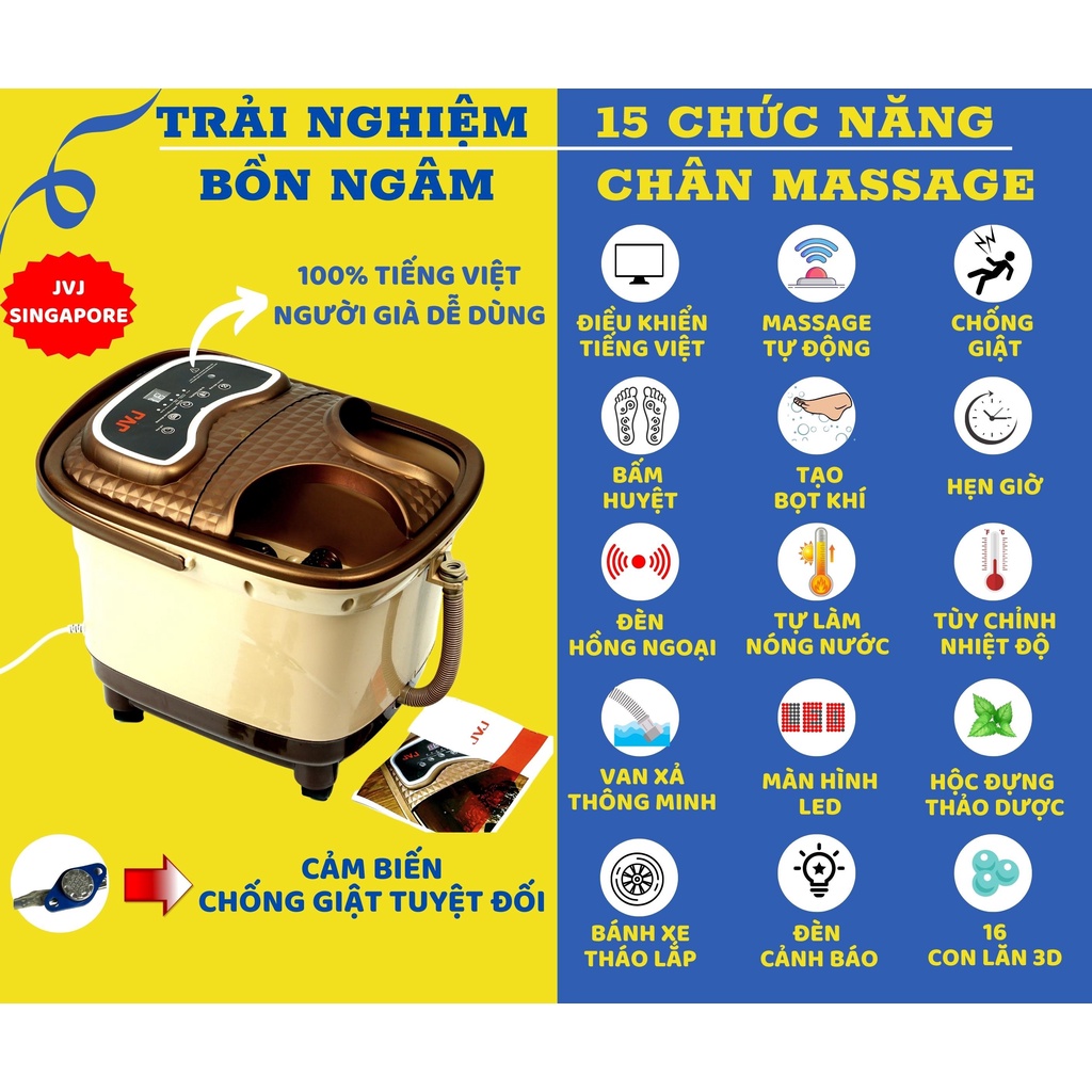 Bồn ngâm chân có Tiếng việt 2021 JVJ B2 massage tự động bằng con lăn, Sục khí,hồng ngoại - Bảo hành 12T