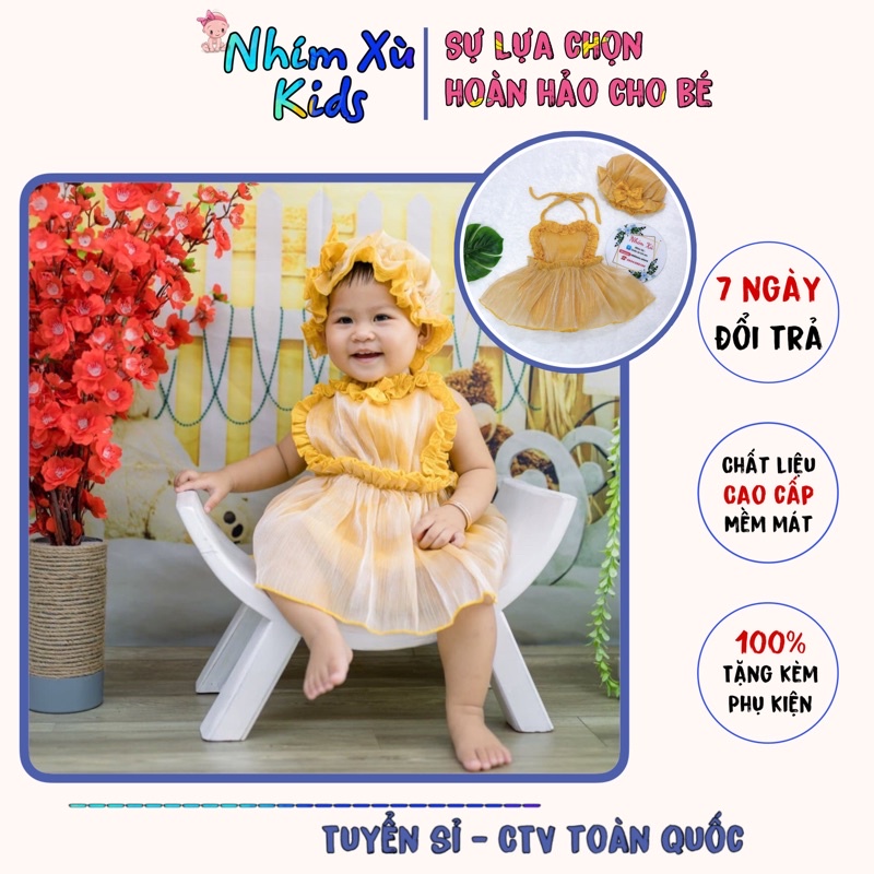 Body Yếm Vàng Bé Gái Sơ Sinh Đến 12kg, Bodysuit Tặng Nón Cho Bé Gái Chất Đũi Xốp Phối Tơ Ánh Nhũ Siêu Sang [A112]