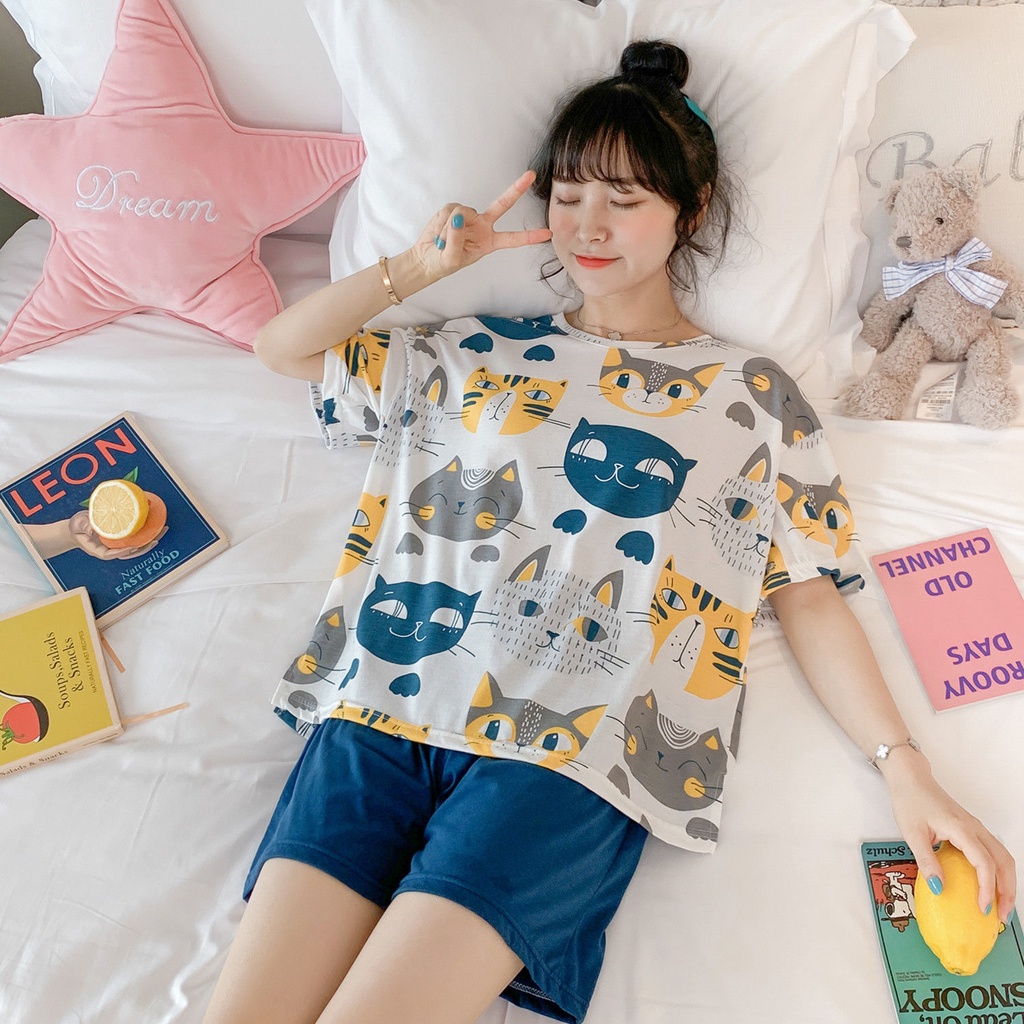 Bộ đồ ngủ tay ngắn dáng rộng in họa tiết hoạt hình dễ thương thời trang xuân hè cho nữ