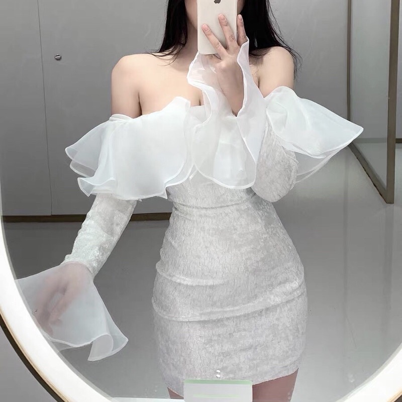 Váy nhung trắng trễ vai mix voan tơ bèo ôm sát body đi tiệc