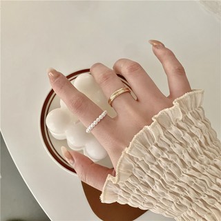 Set nhẫn nữ 2 chiếc, mạ bạc và hạt trai nhân tạo, phong cách Vintage Eva Acc N10