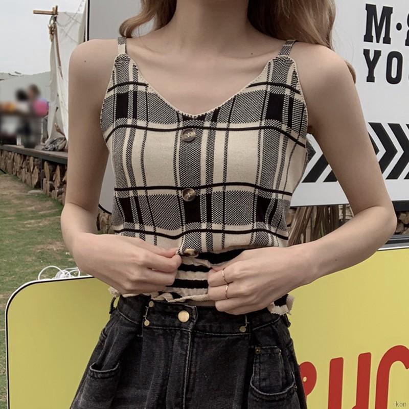 Áo Hai Dây Cổ Chữ V Họa Tiết Caro Quyến Rũ