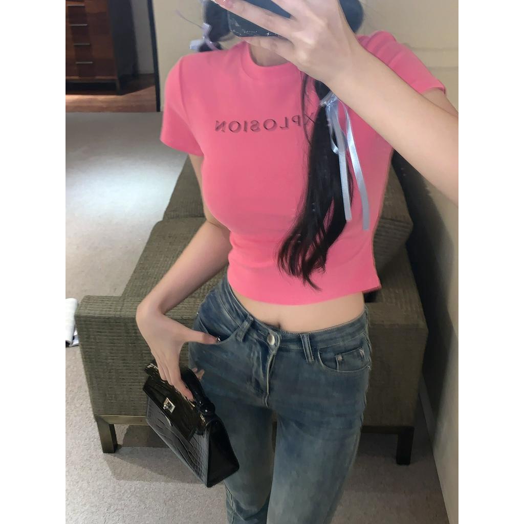Áo Thun Lửng Ngắn Tay In Chữ Thời Trang Nữ Tính