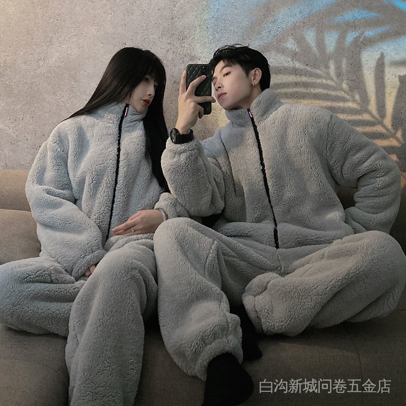 Bộ Đồ Ngủ Lông Cừu San Hô Dày Dặn Ấm Áp Phong Cách Thu Đông Mới Cho Nam Và Nữ