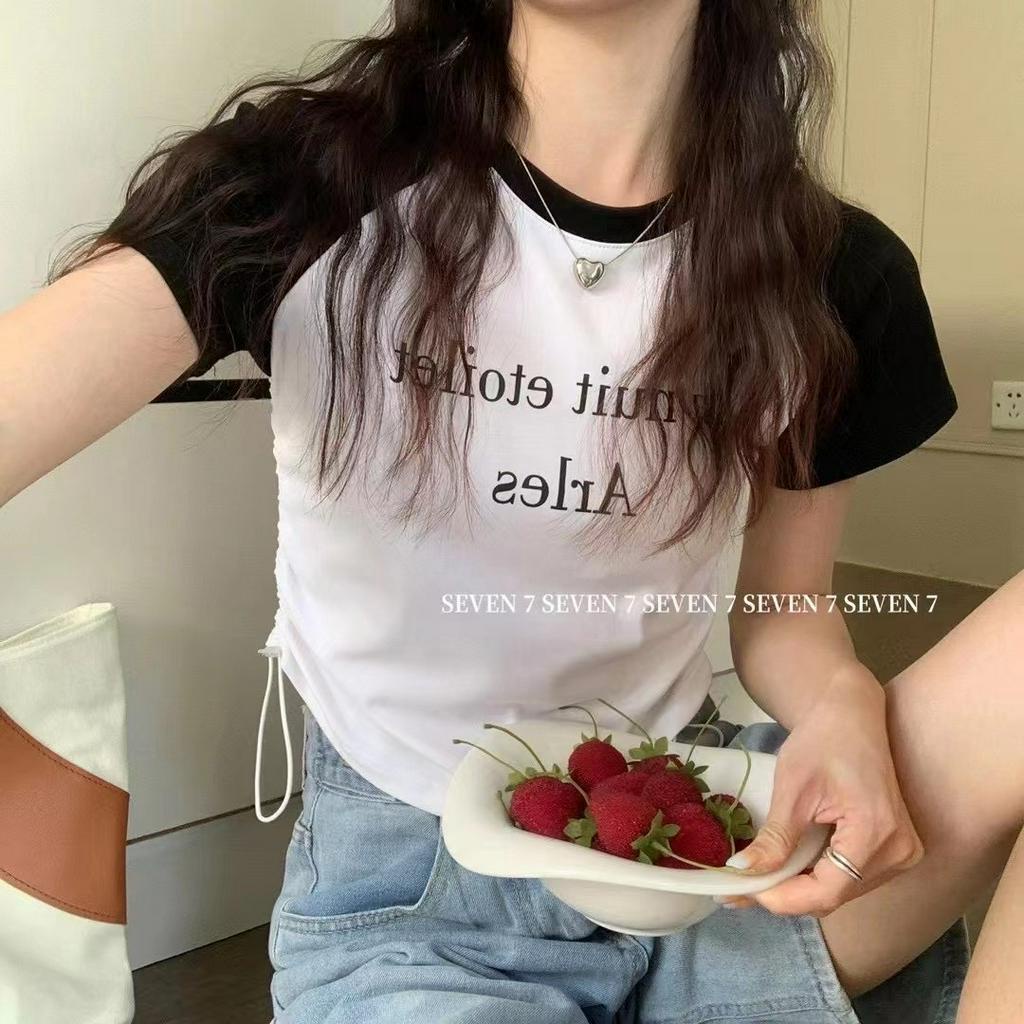 Xiaozhainv Áo Thun Tay Ngắn Dáng Ôm Màu Sắc Tương Phản Phối Dây Rút Thời Trang Mùa Hè Cho Nữ