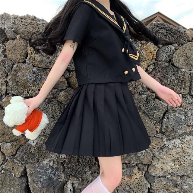 Bộ Đồng Phục Học Sinh Gồm Áo Cổ Thủy Thủ + Chân Váy Xếp Ly Kẻ Sọc Caro Phong Cách Goth JK