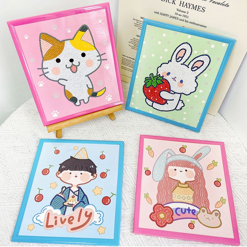 Tranh tự đính đá mini nhỏ cho bé, tranh đá tự đính tự làm họa tiết hoạt hình dễ thương có sẵn khung