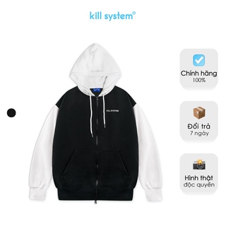 Áo khoác hoodie zip màu đen Kill System 22 MOOD oversize có nón nam nữ, vải nỉ bông tay ráp lăng unisex