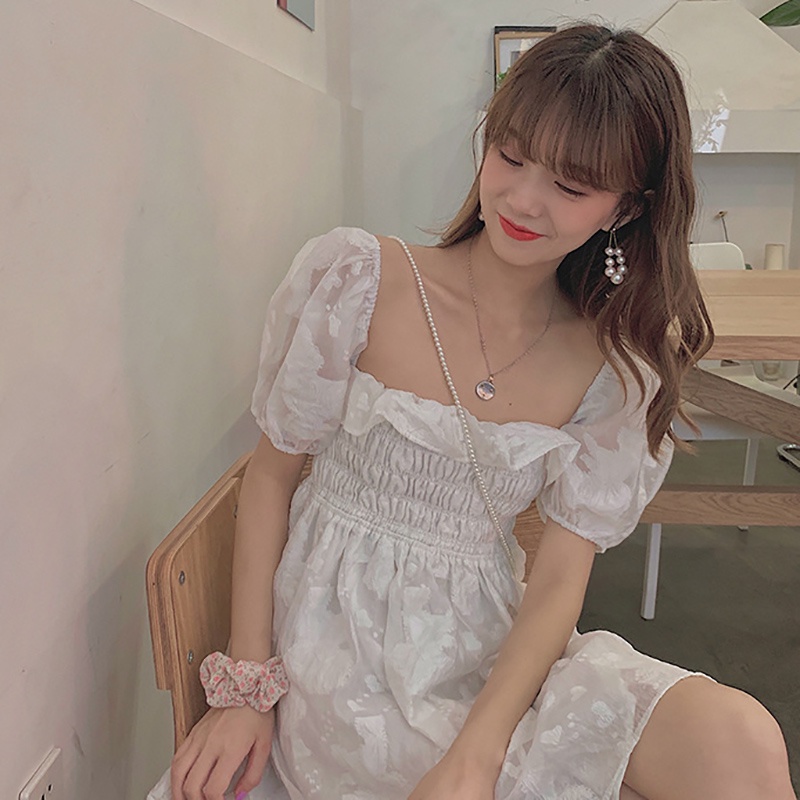 IELGY  Đầm Trễ Vai Tay Phồng Màu Trơn Mỏng Nhẹ Giảm Béo Thời Trang