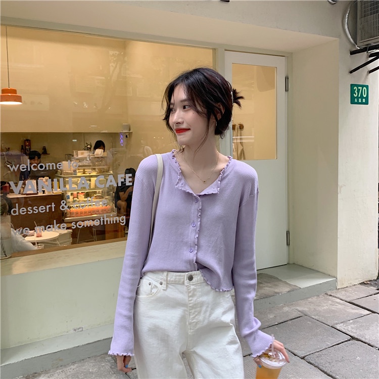 NUZIRO  Áo cardigan croptop  tay dài cổ tròn dệt kim phong cách Hàn Quốc đáng yêu dành cho nữ