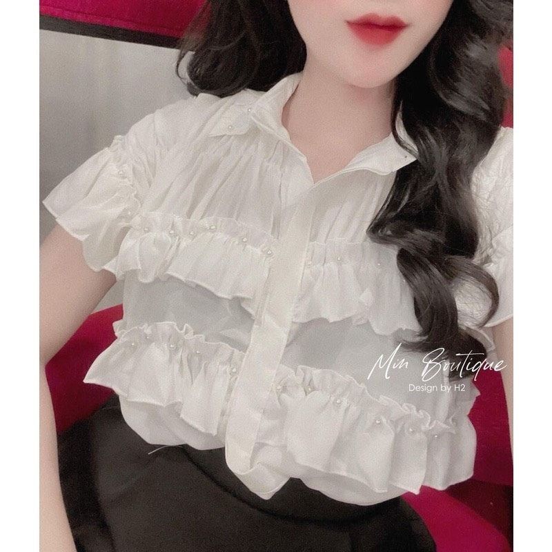 Áo sơ mi nữ - áo kiểu nữ cộc tay nhún bèo đính ngọc sang chảnh PANOSI - Mã A116