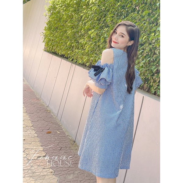 Đầm Rớt Vai Tay Nơ, đầm kẻ sọc, đầm suông xinh xắn, diện hè, đầm sọc phom suông.