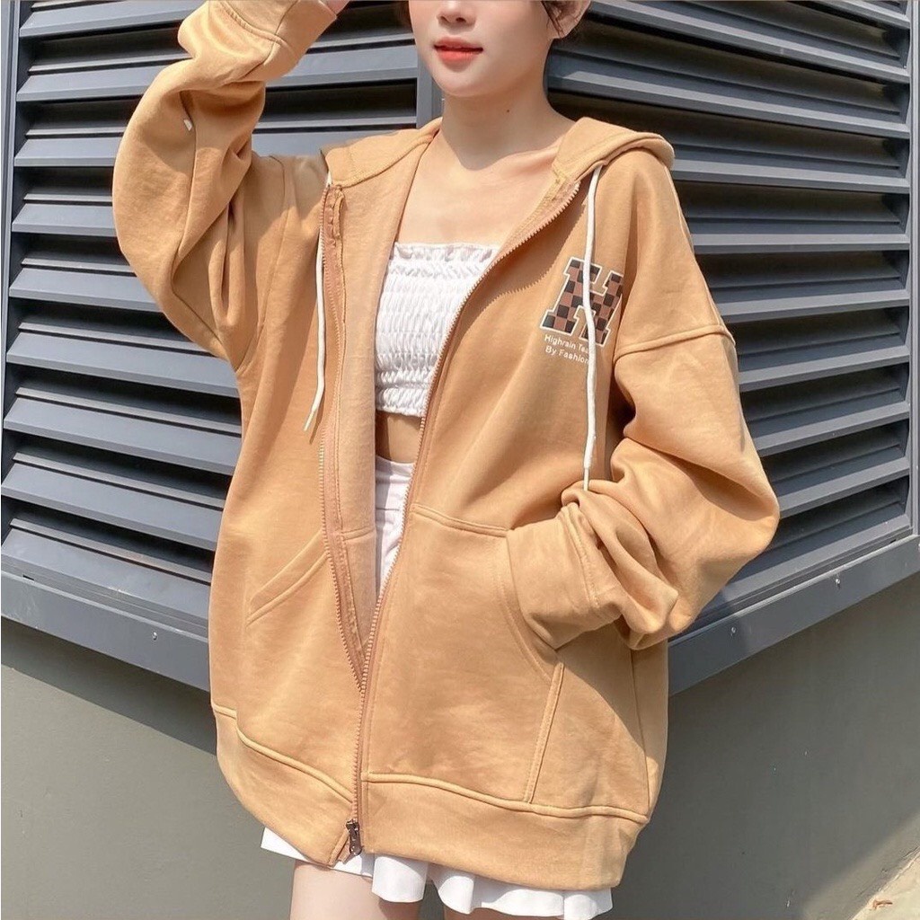 Khoác Nỉ Hooide Bàn Cờ In Hình Nam Nữ Tay BồngUnisex Mũ Rộng Form To