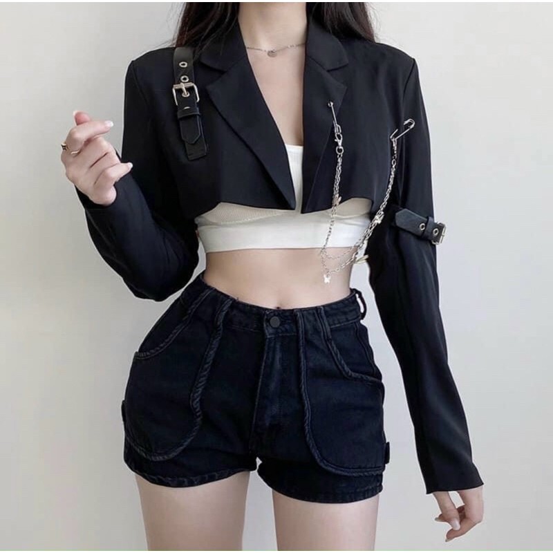 Áo khoác vest nữ phối xích croptop chất vải Tuyết Mưa FreeSize dưới 52kg | BigBuy360 - bigbuy360.vn