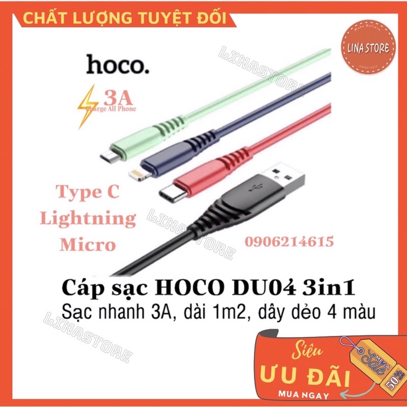 [Chính hãng HOCO] Dây cáp sạc nhanh iphone 3 đầu dài 1m2 (Lightning+Micro+TypeC) sạc nhanh 3A, dây dẻo 4 màu siêu bền