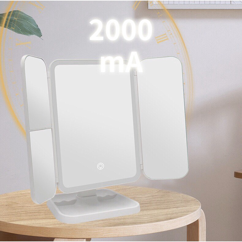 Gương để bàn trang điểm đèn led để bàn gập mở 2 cánh sang xịn mịn kèm sạc