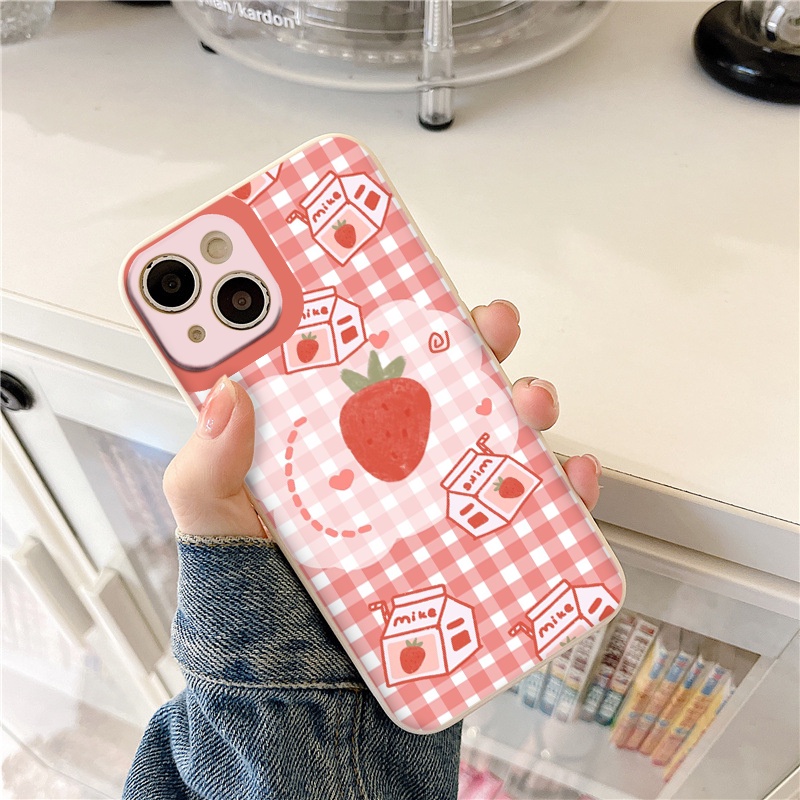 Ốp vuông iphone caro hồng hình dâu tây cho 6/6Plus,7/8plus,X/Xs,XsMax,11, Xr,11pro,11ProMax,12/12pro,12ProMax,13pro