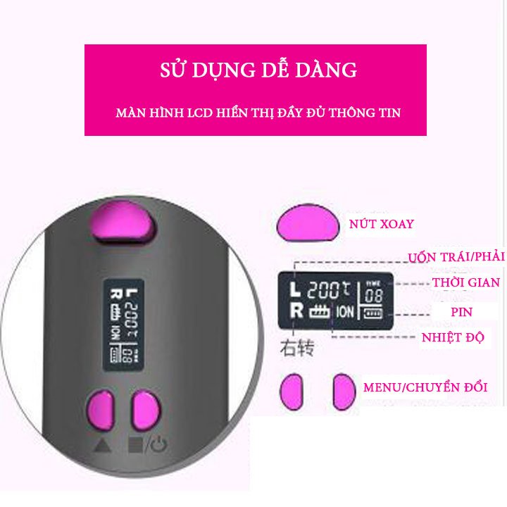 Máy uốn tóc xoăn tự động không dây sạc pin tích hợp chức năng pin dự phòng trục 25mm