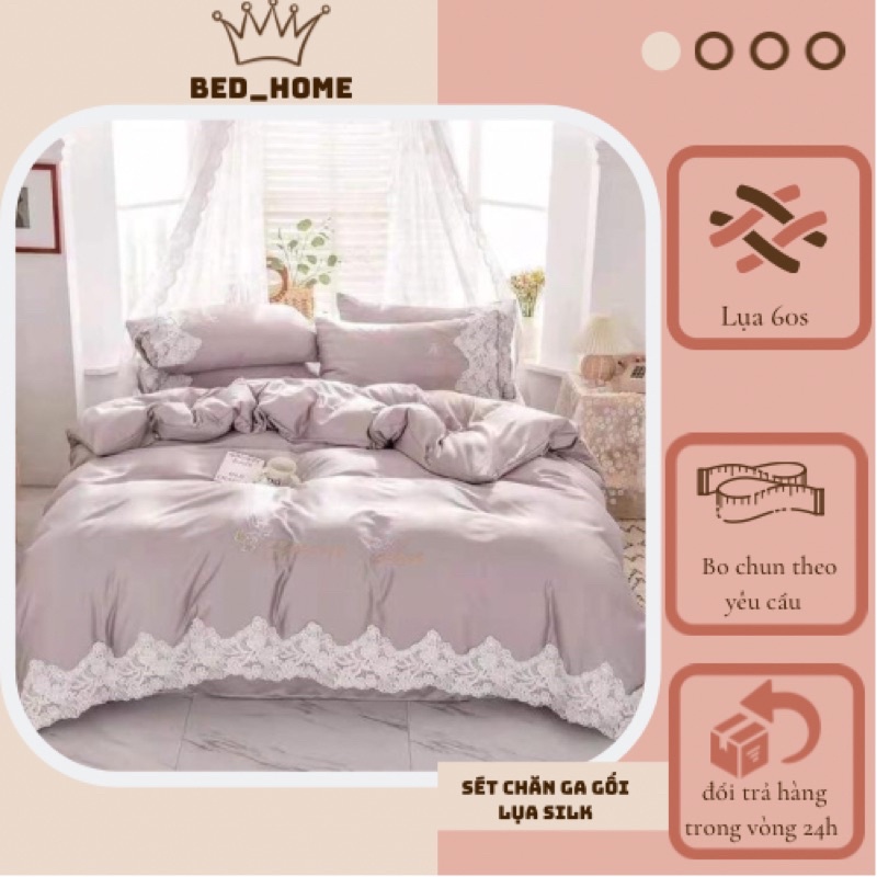 Sét chăn ga gối Lụa silk ren bản to sẵn hàng - chất liệu mềm mịn, dành cho những cô nàng yêu thích sự dịu dàng