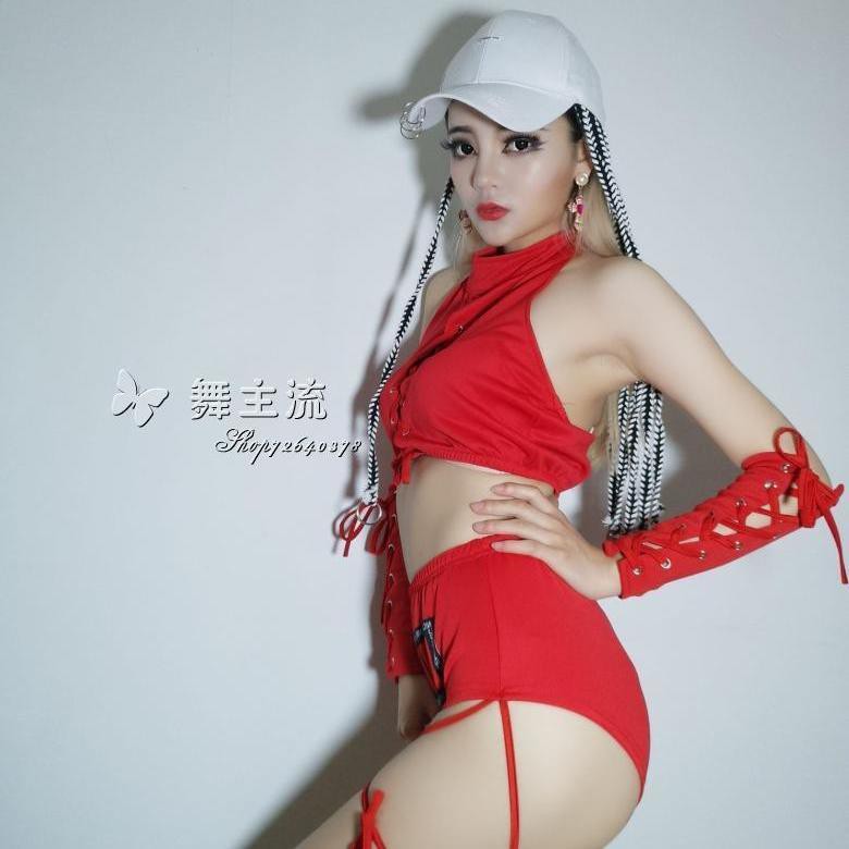 ds costumes nightclub bar dj female singer lead dancer sexy jazz dance pole dance red bandage split outfit
