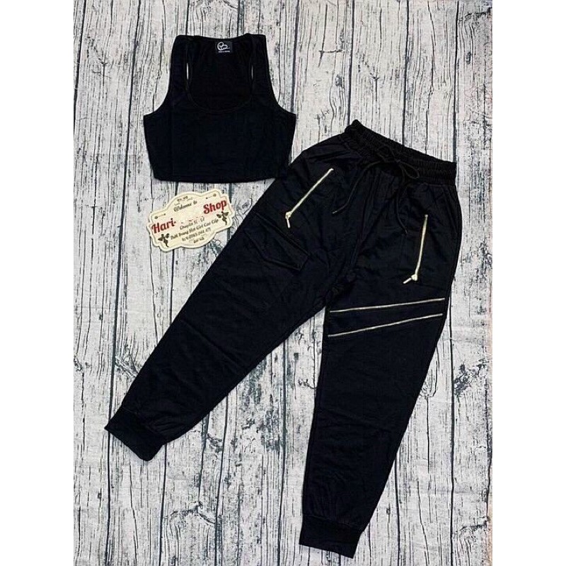 Set thể thao áo croptop ba lỗ quần jogger cao cấp