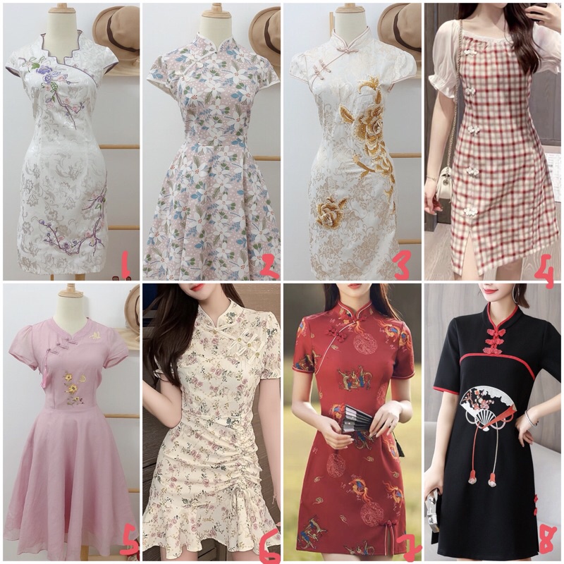 Sườn xám caro đầm hoa lá xinh
