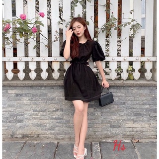 [V01] Đầm Đen Hở Lưng Khoét Eo Thắt Nơ Rosyhana. ,Váy Xòe Hở Eo Đen Dự Tiệc Tay Bồng Chất Thô Lụa Mềm