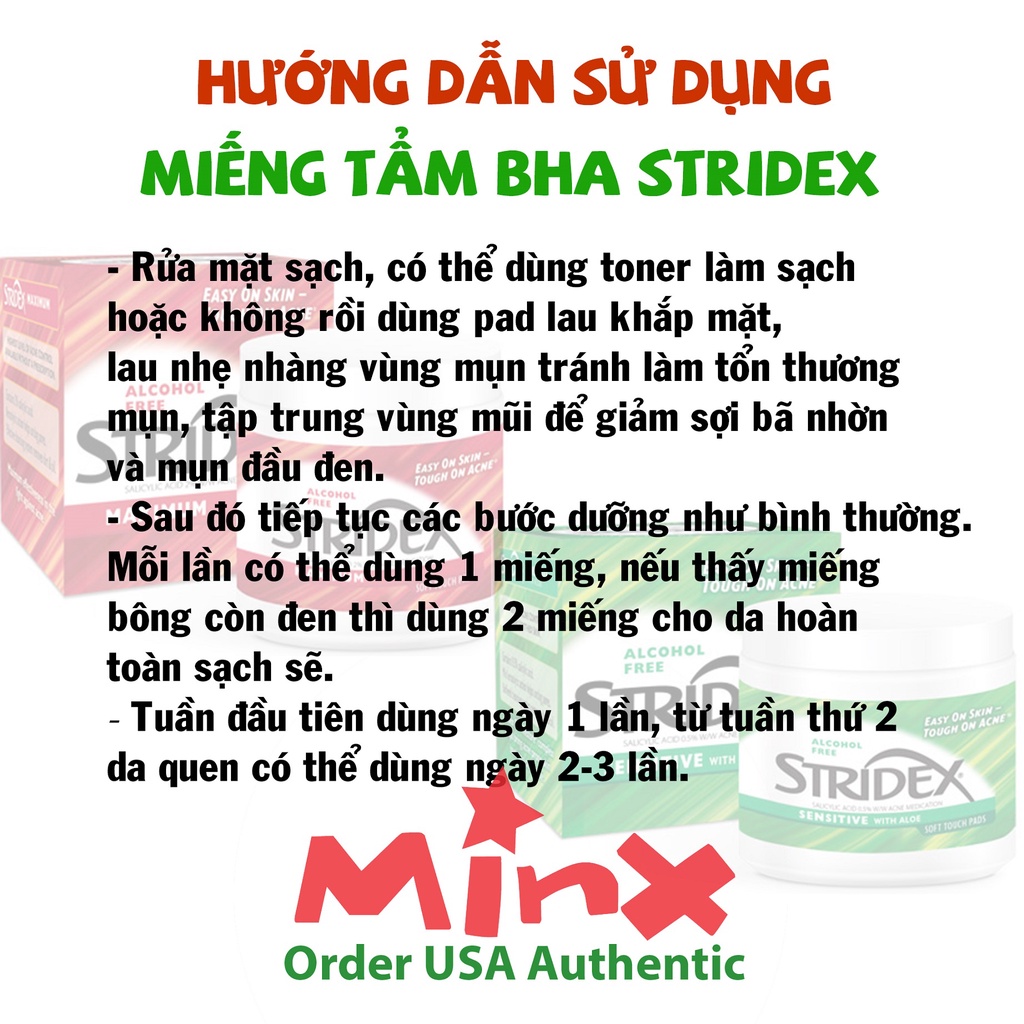 Miếng Stridex tẩm Salicylic Acid 0.5% - 2% 55 - 90 Pads - Bông chứa BHA Hỗ trợ giảm mụn, sưng viêm - MINX Store