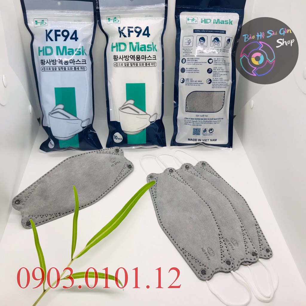 Khẩu trang kf94 chính hãng HD, 4d mask Cao Cấp 4 lớp kháng khuẩn nẹp kẽm không xổ lông không gây ngứa (bịch 10 cái)