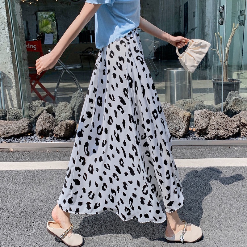 Chân váy midi BH chiffon chữ A lưng thun cao in họa tiết da báo thời trang 2022