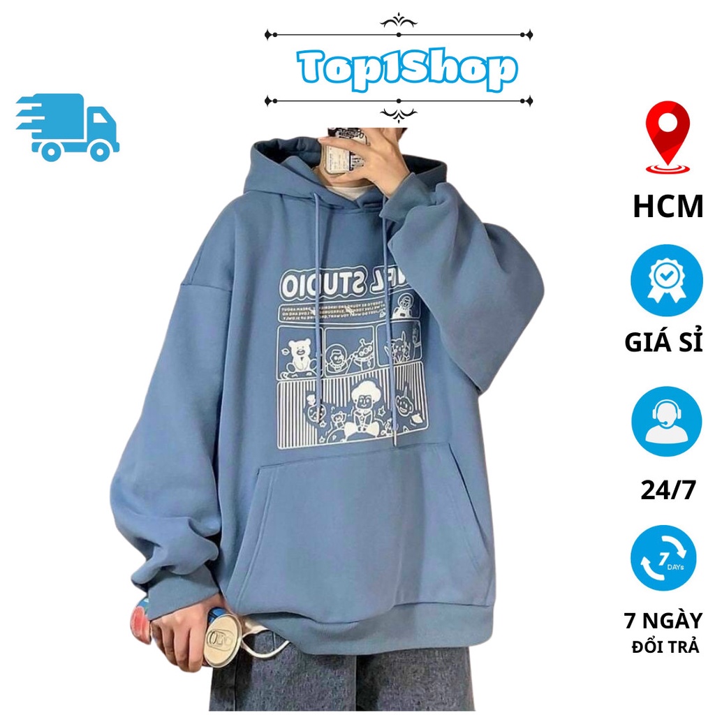 Áo hoodie form rộng ba màu xanh ,trắng,đen studio 2023