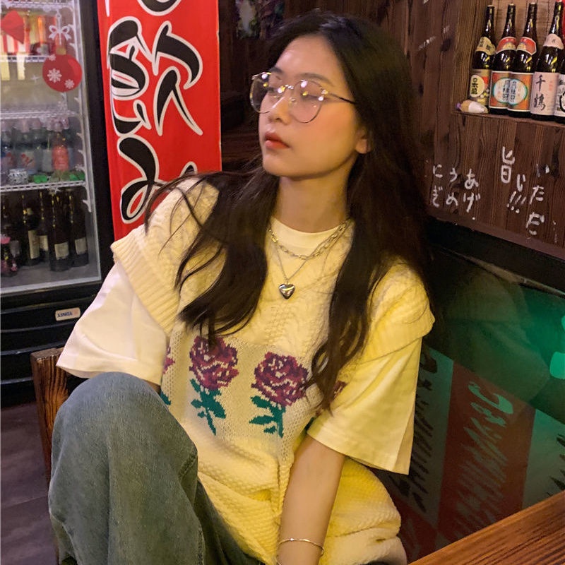 Áo len không tay cổ chữ V họa tiết hoa hồng phong cách Hàn Quốc cổ điển cho nữ sinh