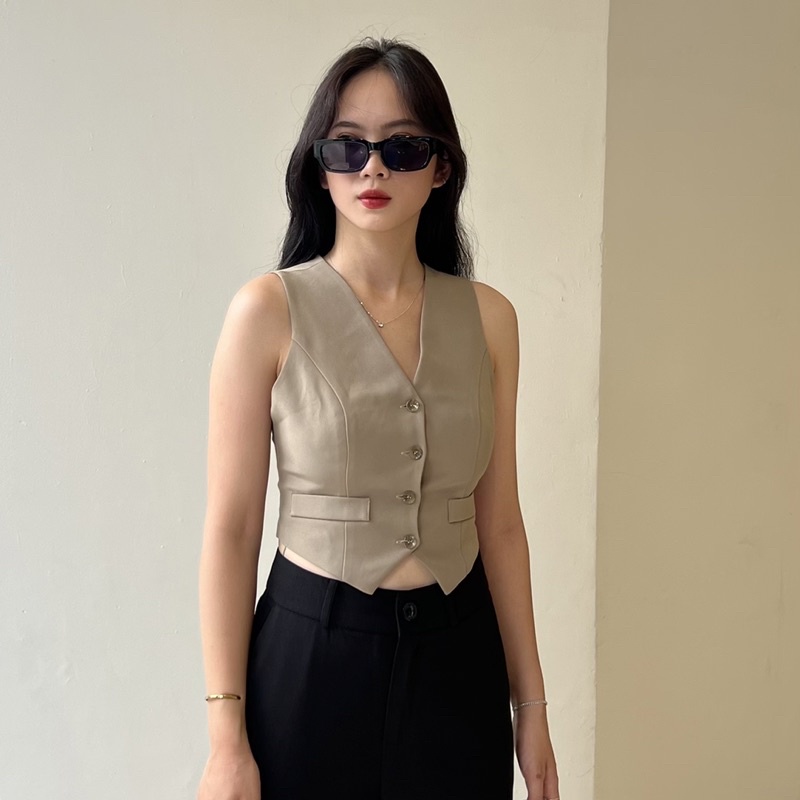 Áo gile nữ 2 lớp cổ V hàng thiết kế Huien Design phong cách Hàn Quốc, form rộng có cơi túi