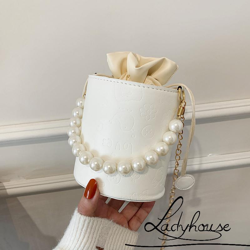 Túi Đeo Vai Dây Rút Họa Tiết Dập Nổi Màu Trắng Phong Cách Vintage Thời Trang Cho Nữ