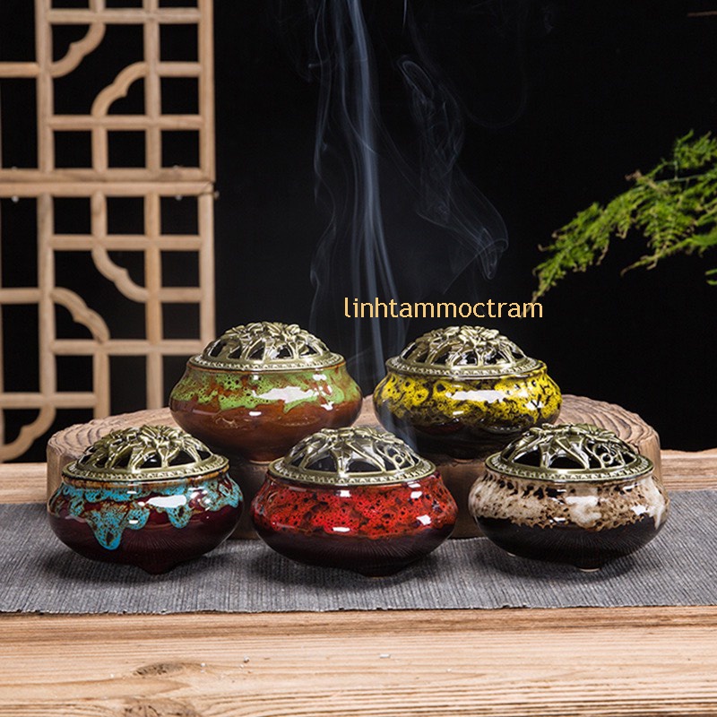 Lư xông trầm hương đỉnh đốt nhang gốm sứ tặng lót đáy + 10 nụ trầm