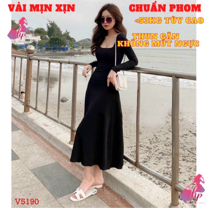 Váy đầm maxi dài nữ ôm body dáng xòe cổ vuông tay dài thun gân xịn thời trang dự tiệc -VD210