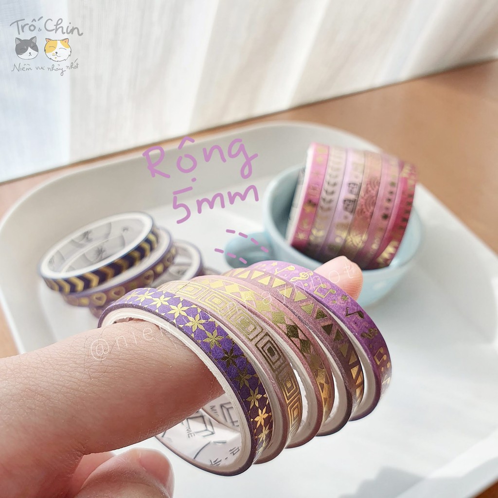 [HÀNG CÓ SẴN] [ẢNH THẬT] Washi tape nhũ ánh kim cực kì sắc nét HỒNG TÍM (5mm*2m)