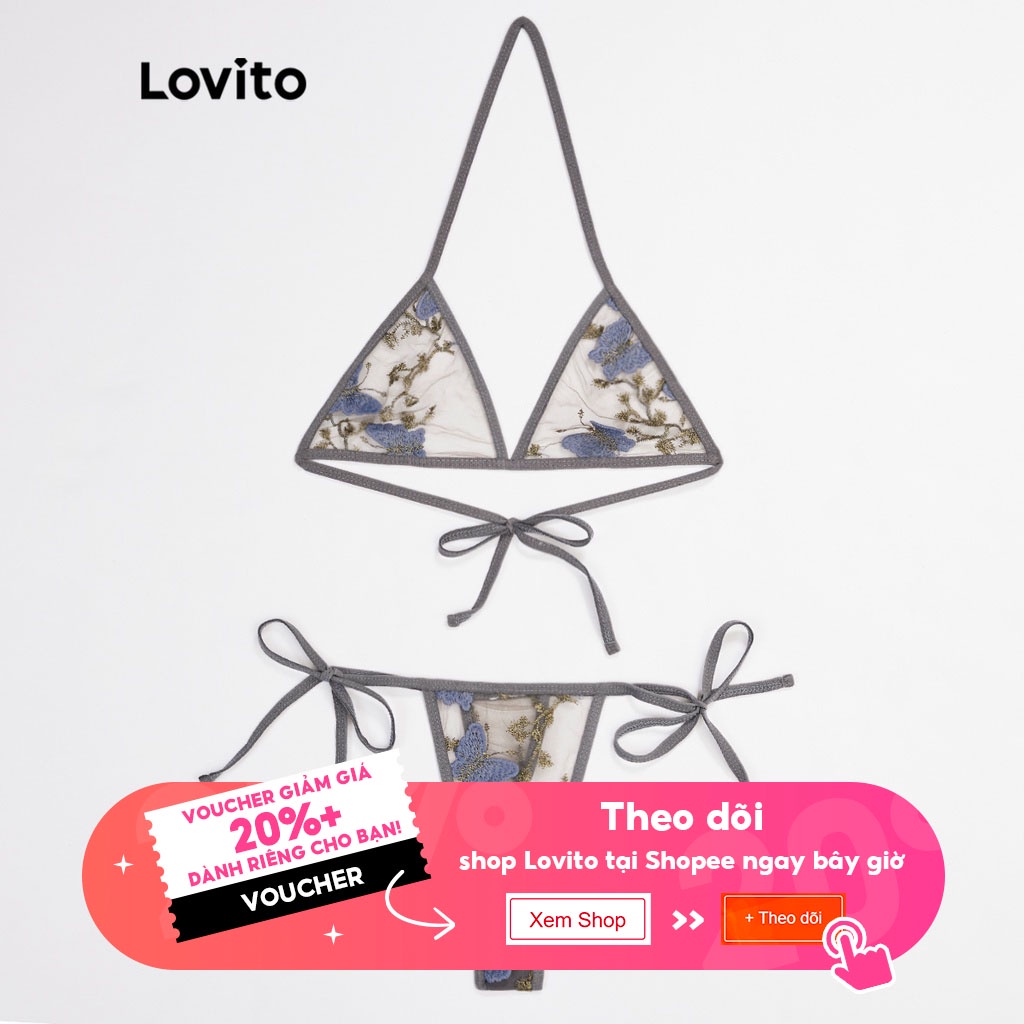 Áo lót Lovito hình tam giác không có miếng đệm vải xuyên thấu họa tiết bướm phối dây buộc sexy L17X445 (xám/đen) | BigBuy360 - bigbuy360.vn