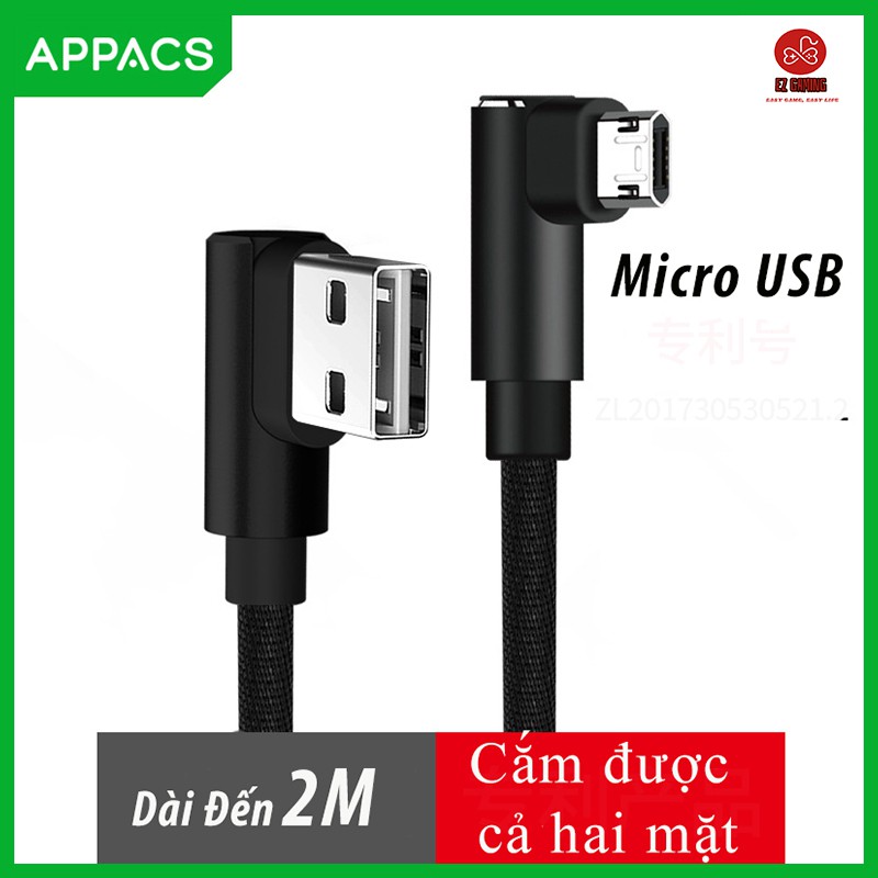 [Free ship] Cáp sạc nhanh micro USB dài 2m APPACS cao cấp chống vướng tay khi chơi game, xem phim...