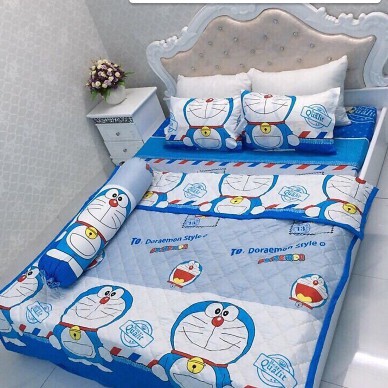 Sỉ Bộ Chăn Hè Ga Gối Kèm Vỏ Gối Ôm set 5 món Sally Mẫu DORAEMON TEM THƯ