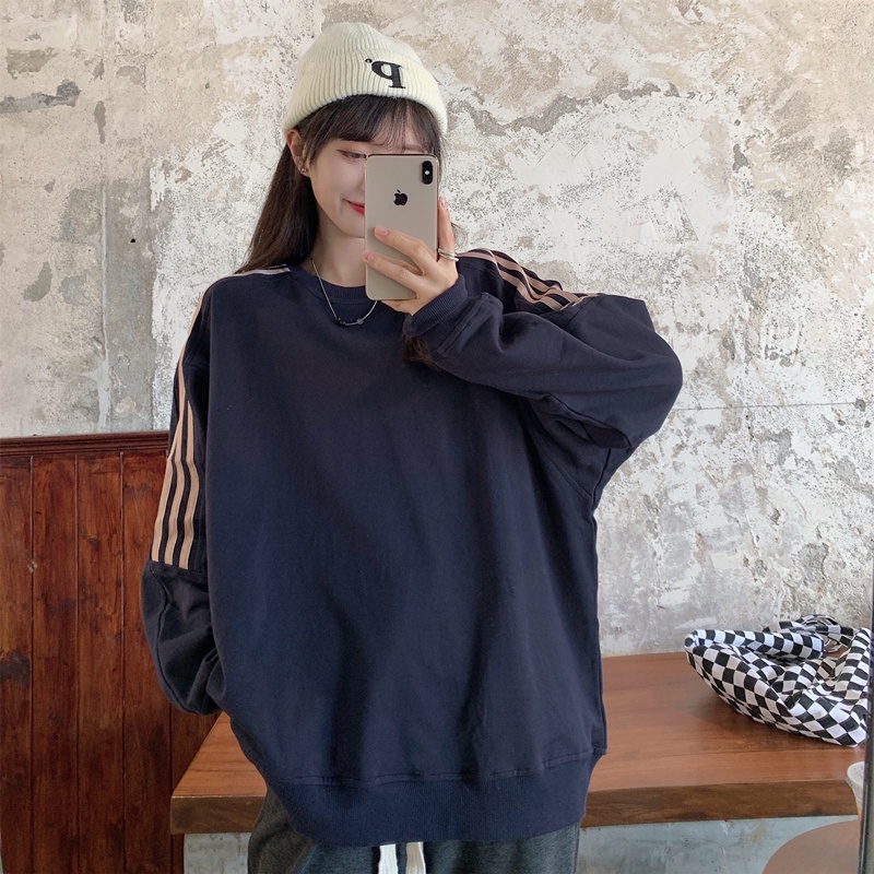 Áo sweater SUXI dài tay cổ tròn kẻ sọc thiết kế mới thời trang mùa thu cho nữ