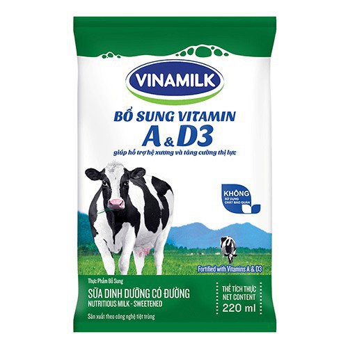 SỮA VINAMILK CÓ ĐƯỜNG/ ÍT ĐƯỜNG/ KHÔNG ĐƯỜNG/ DÂU/ SOCOLA TÚI 220ML date mới