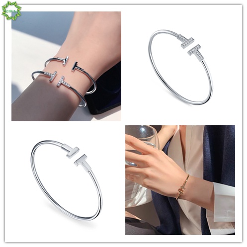 Vòng đeo tay dạng mở đính đá zircon hình chữ T đơn giản thanh lịch có thể điều chỉnh dành cho nữ