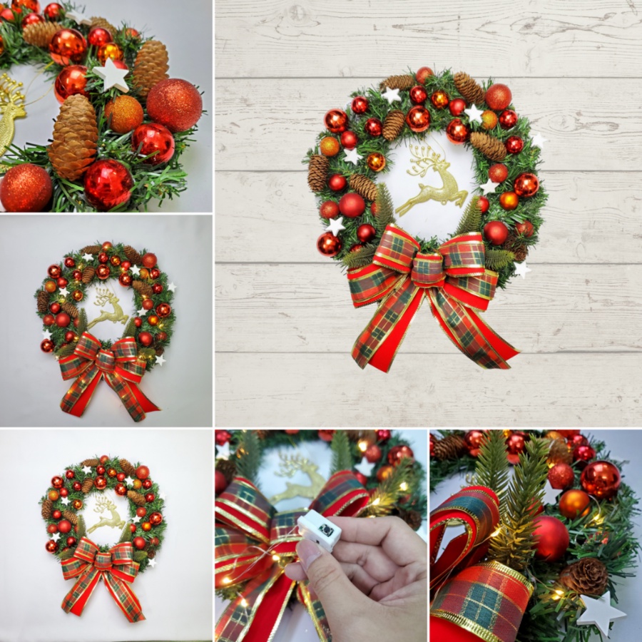 Vòng Hoa Trang Trí Noel D43 size 40cm Tặng Kèm Đèn, Vòng Nguyệt Quế Giáng Sinh