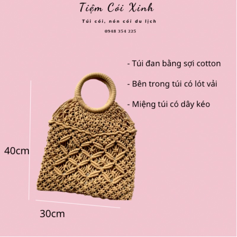 Túi Cói Xách Nữ Đan Móc Thủ Công Macrame TIỆM CÓI XINH Dùng Đi Biển, Chụp Ảnh